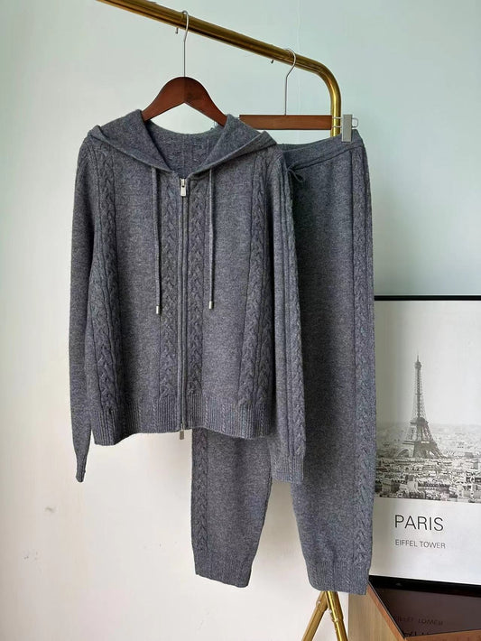 Cashmere twist knitted hooded two piece set